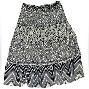 Style & Co Womens Maxi Skirt Boho Geometric Print White Elastic Waist Flowy S/M